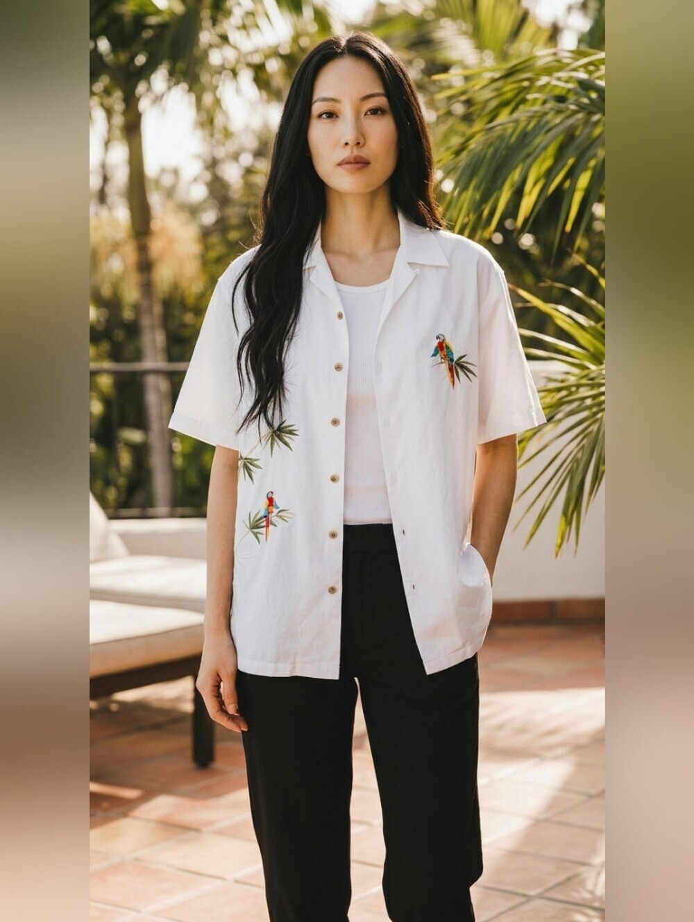 BAMBOO White Short-Sleeve Button-Up Shirt with Colorful Parrot Embroidery